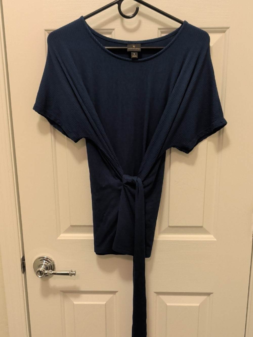 W by Worthington Navy Ribbed Tie-Front Short Sleeve Top